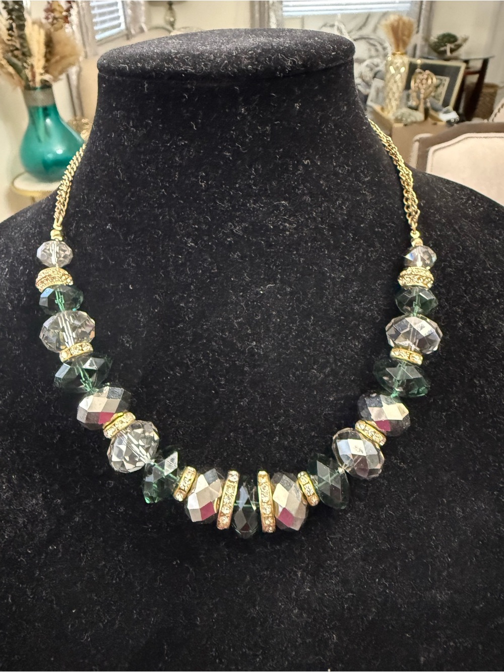 INC International Concepts Gold-Tone Necklace with Green and Clear Faceted Beads